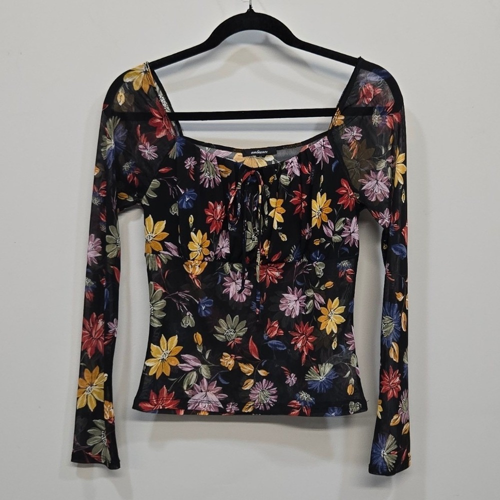 Ambiance Floral Mesh Top Medium Square Neck‎ Whimsigoth Coquette Romantic Sheer